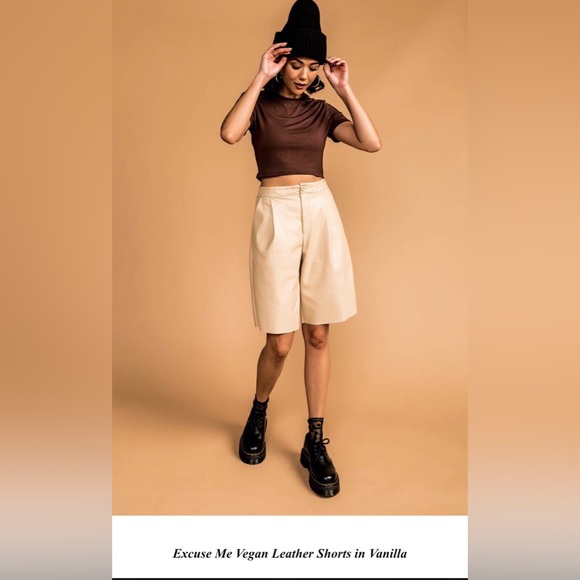 Dressed In LALA “Excuse Me Vegan Leather Shorts in Vanilla” High Rise Bermuda S - Picture 4 of 16